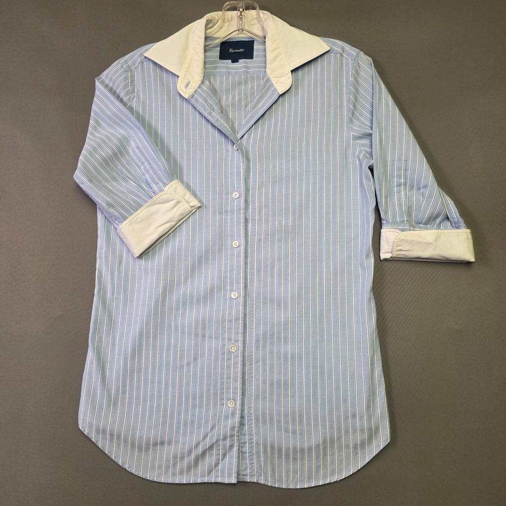 Faconnable Womens Blue White Striped Button Down Shirt Contrast Collar Size 2